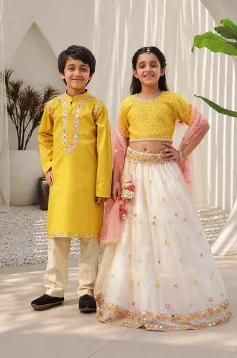 Yellow & mustard yellow mirror work net lehenga choli & kurta pyjama brother sister matching combo