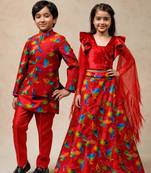 Red embroidered & printed chanderi silk lehenga choli & sherwani brother sister matching combo