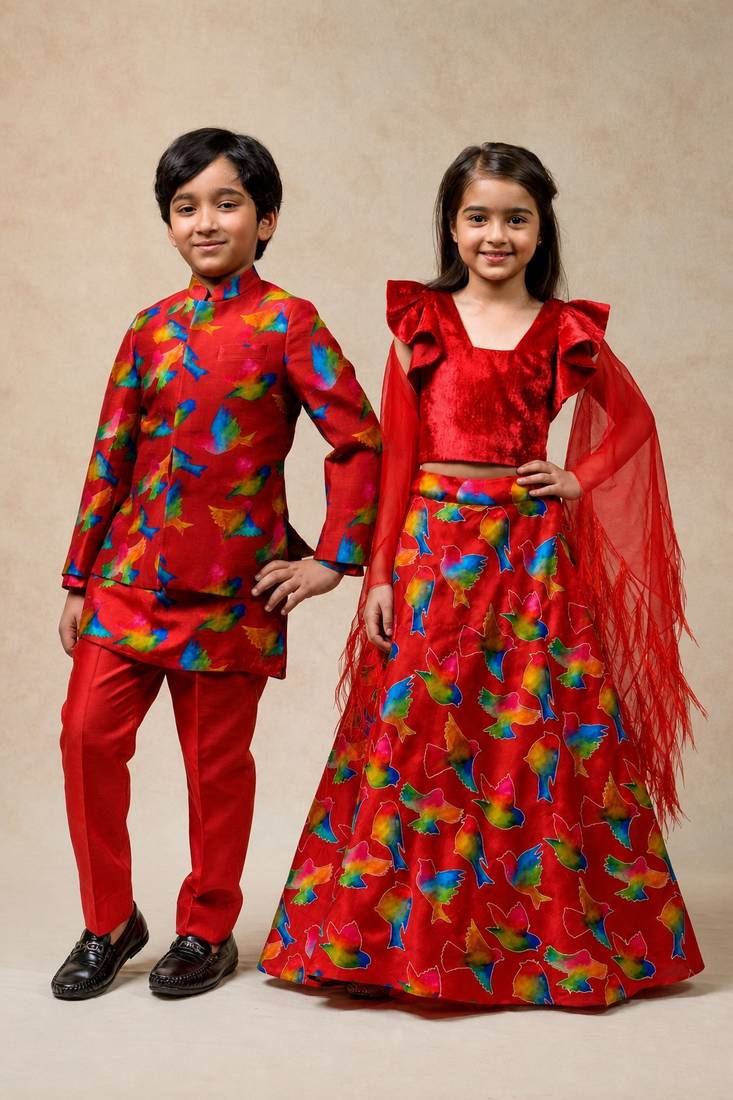 Red embroidered & printed chanderi silk lehenga choli & sherwani brother sister matching combo