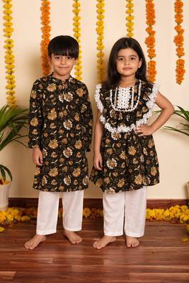 Brown handwoven & printed cotton frock & kurta pyjama brother sister matching combo 1