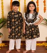 Brown handwoven & printed cotton frock & kurta pyjama brother sister matching combo