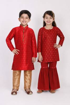 Maroon woven & printed jacquard & silk sharara set & kurta pyjama brother sister matching combo 1
