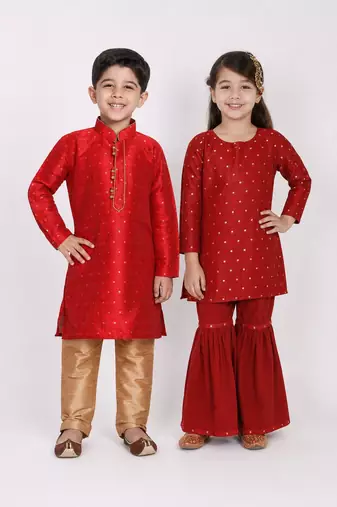 Maroon woven & printed jacquard & silk sharara set & kurta pyjama brother sister matching combo