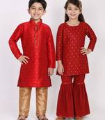 Maroon woven & printed jacquard & silk sharara set & kurta pyjama brother sister matching combo