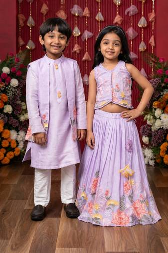 Purple embroidered silk lehenga choli & kurta jacket brother sister matching combo