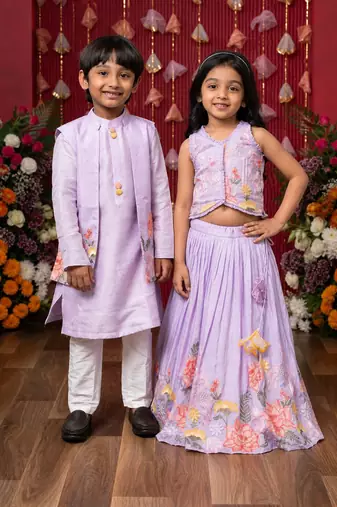Purple embroidered silk lehenga choli & kurta jacket brother sister matching combo