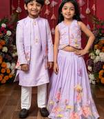 Purple embroidered silk lehenga choli & kurta jacket brother sister matching combo