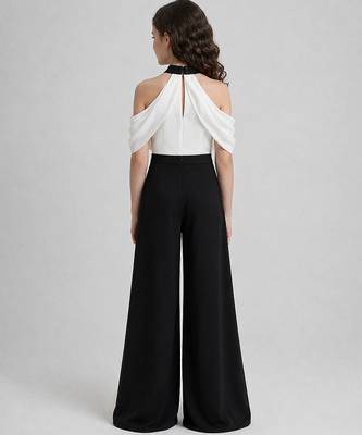 White & black solid japanese crepe & cotton jumpsuit & shirt brother sister matching combo 2