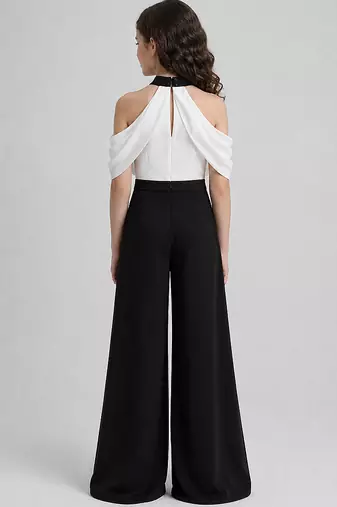 White & black solid japanese crepe & cotton jumpsuit & shirt brother sister matching combo
