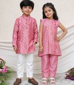 Dusty pink embroidered chanderi kurta set & kurta pant brother sister matching combo
