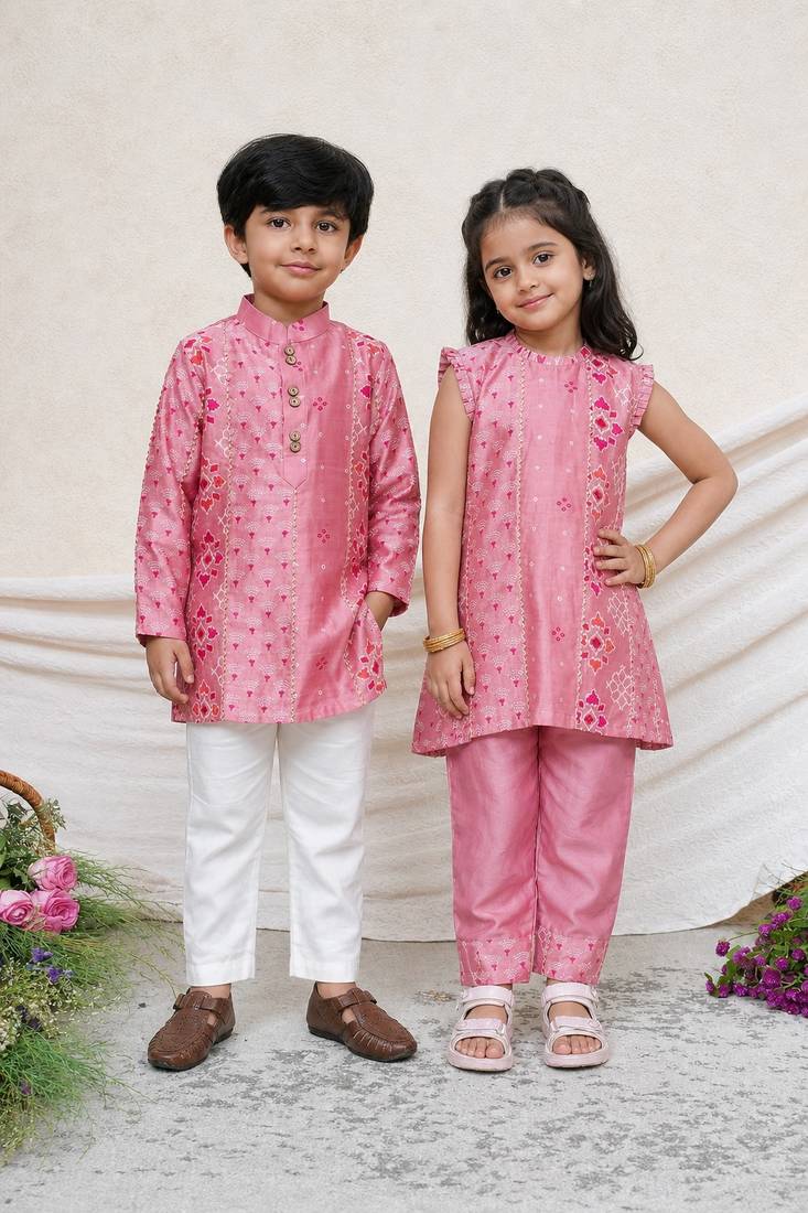 Dusty pink embroidered chanderi kurta set & kurta pant brother sister matching combo