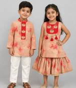 Beige embroidered cotton silk sharara set & kurta pyjama brother sister matching combo