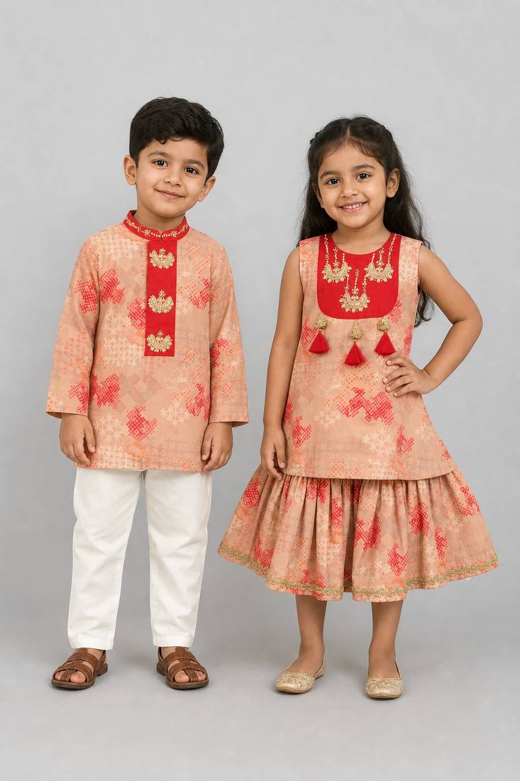 Beige embroidered cotton silk sharara set & kurta pyjama brother sister matching combo
