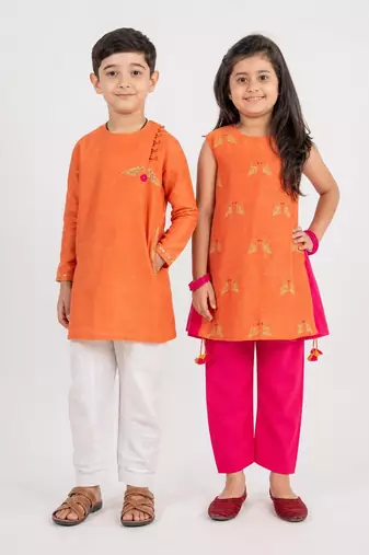 Pink & orange embroidered & solid cotton kurta set & kurta pant brother sister matching combo