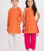 Pink & orange embroidered & solid cotton kurta set & kurta pant brother sister matching combo