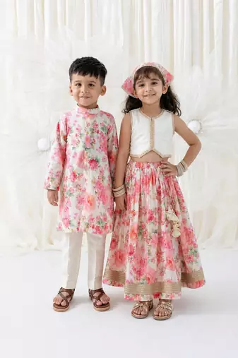 Pink & cream printed cotton lehenga choli & kurta pyjama brother sister matching combo