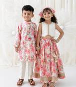 Pink & cream printed cotton lehenga choli & kurta pyjama brother sister matching combo