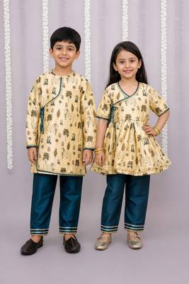 Gold & yellow printed cotton silk kurta set & kurta pant brother sister matching combo 1