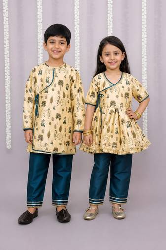 Gold & yellow printed cotton silk kurta set & kurta pant brother sister matching combo