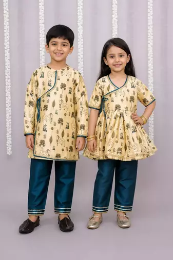 Gold & yellow printed cotton silk kurta set & kurta pant brother sister matching combo