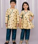 Gold & yellow printed cotton silk kurta set & kurta pant brother sister matching combo