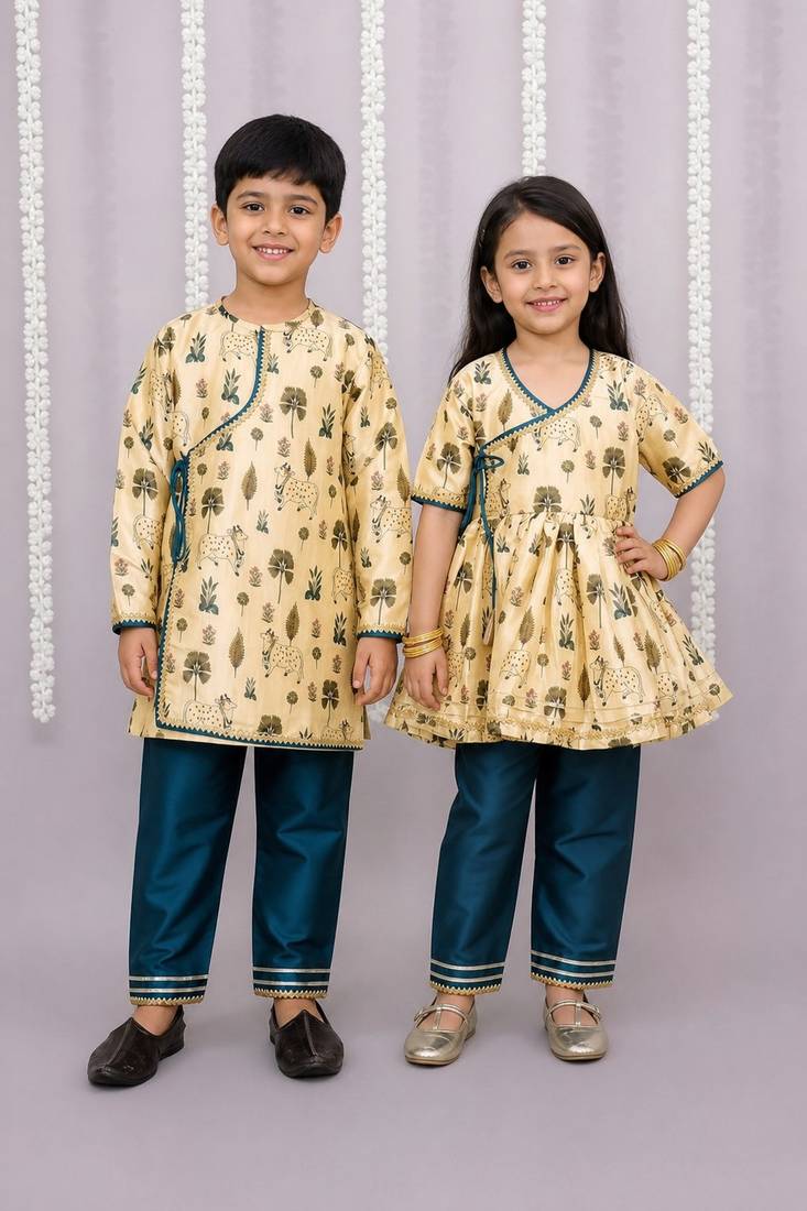 Gold & yellow printed cotton silk kurta set & kurta pant brother sister matching combo