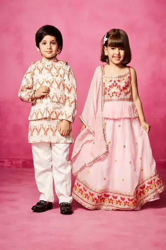 Pink embroidered & printed organza lehenga choli & kurta jacket brother sister matching combo