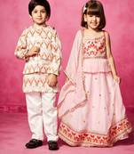 Pink embroidered & printed organza lehenga choli & kurta jacket brother sister matching combo