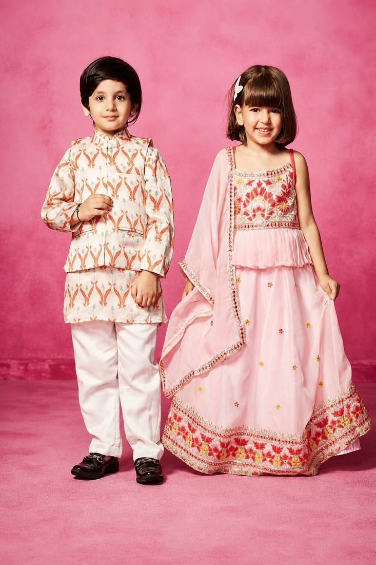 Pink embroidered & printed organza lehenga choli & kurta jacket brother sister matching combo