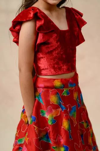 Red embroidered & printed chanderi silk lehenga choli & sherwani brother sister matching combo