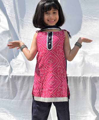 Pink & blue embroidered & bandhani cotton kurta set & kurta jacket brother sister matching combo 2