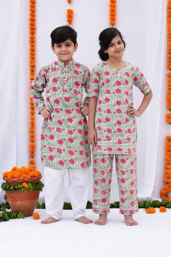 Green printed cotton palazzo set & kurta pant brother sister matching combo