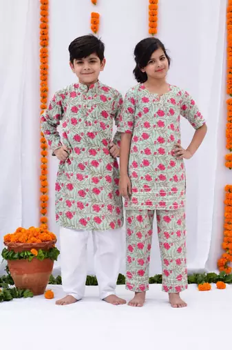 Green printed cotton palazzo set & kurta pant brother sister matching combo