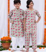 Green printed cotton palazzo set & kurta pant brother sister matching combo