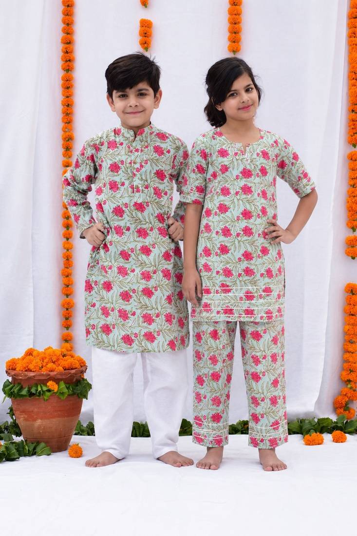 Green printed cotton palazzo set & kurta pant brother sister matching combo
