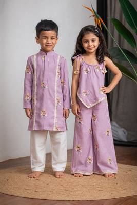 Purple embroidered chanderi co-ord set & kurta pant brother sister matching combo 1