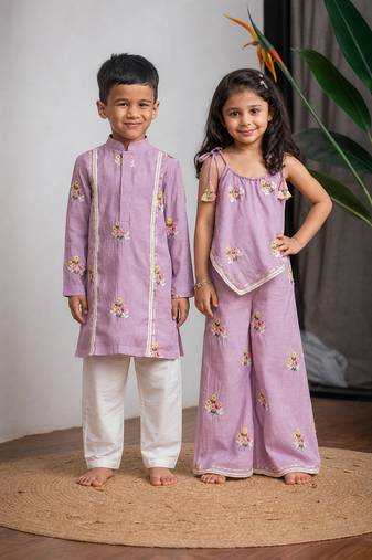 Purple embroidered chanderi co-ord set & kurta pant brother sister matching combo
