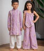 Purple embroidered chanderi co-ord set & kurta pant brother sister matching combo