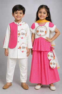 Pink & white printed cotton silk lehenga choli & kurta pyjama brother sister matching combo 1