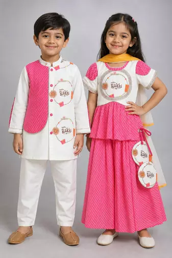 Pink & white printed cotton silk lehenga choli & kurta pyjama brother sister matching combo