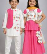 Pink & white printed cotton silk lehenga choli & kurta pyjama brother sister matching combo