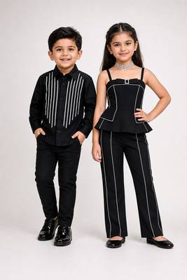 Black embroidered japanese crepe & cotton co-ord set & shirt brother sister matching combo 1