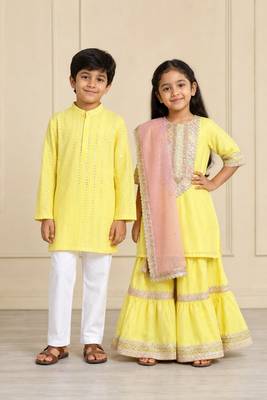 Yellow embroidered chanderi silk sharara set & kurta pyjama brother sister matching combo 1