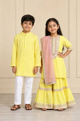 Yellow embroidered chanderi silk sharara set & kurta pyjama brother sister matching combo