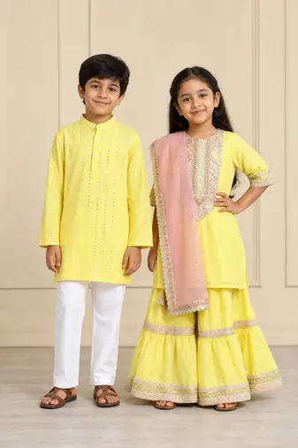Yellow embroidered chanderi silk sharara set & kurta pyjama brother sister matching combo