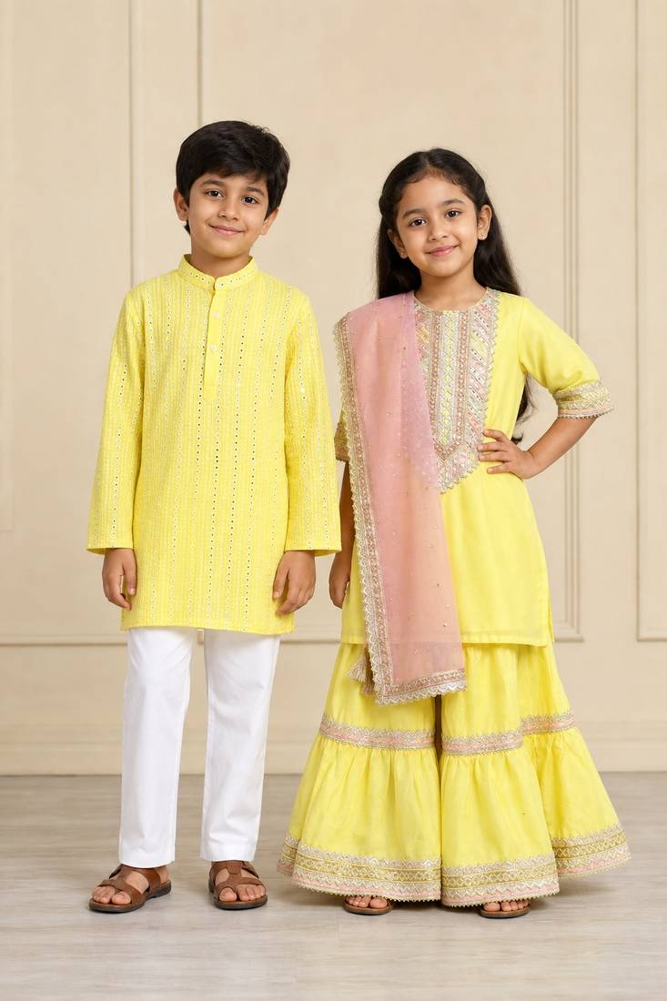 Yellow embroidered chanderi silk sharara set & kurta pyjama brother sister matching combo