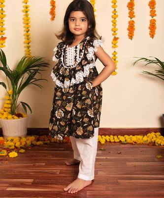 Brown handwoven & printed cotton frock & kurta pyjama brother sister matching combo 2