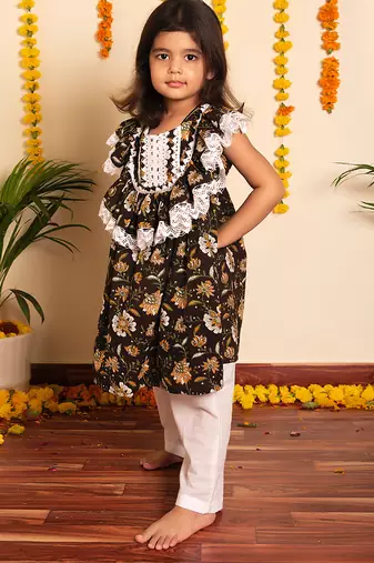 Brown handwoven & printed cotton frock & kurta pyjama brother sister matching combo