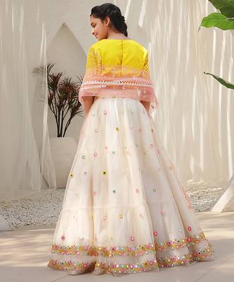 Yellow & mustard yellow mirror work net lehenga choli & kurta pyjama brother sister matching combo 2