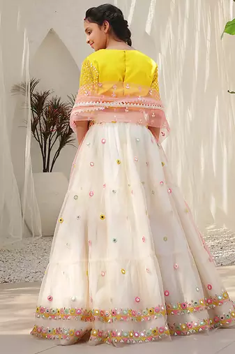 Yellow & mustard yellow mirror work net lehenga choli & kurta pyjama brother sister matching combo